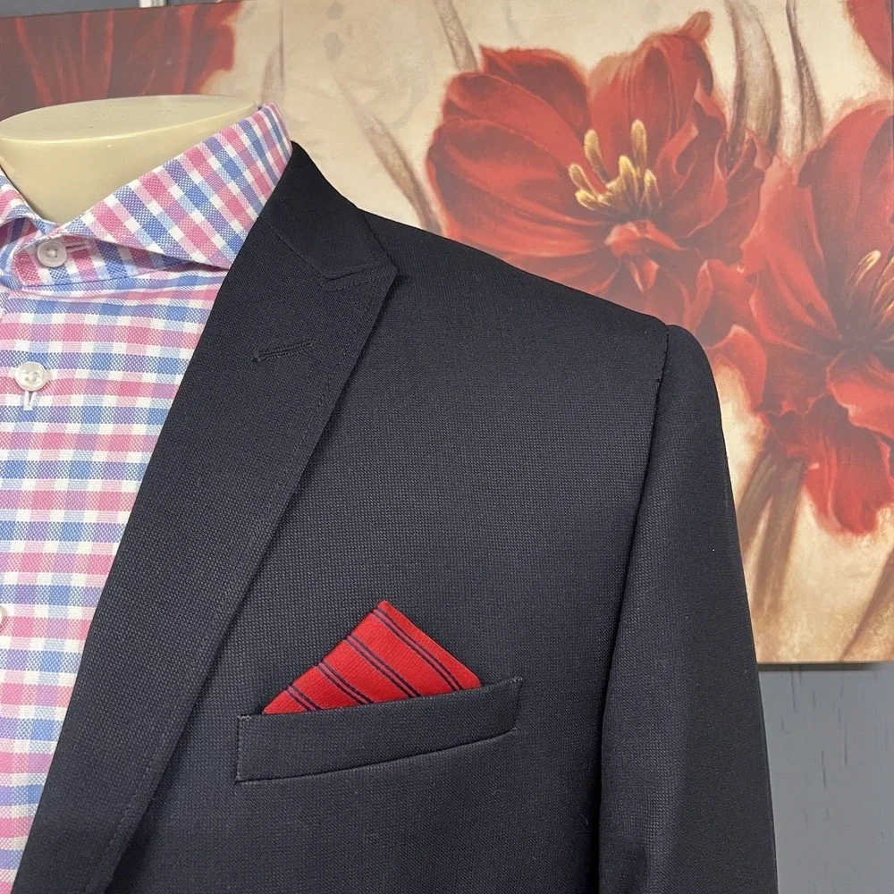 Egara‎ Suit Jacket Blazer Mens 46R Slim Fit Wool Polyester Dark Navy Peak Lapel